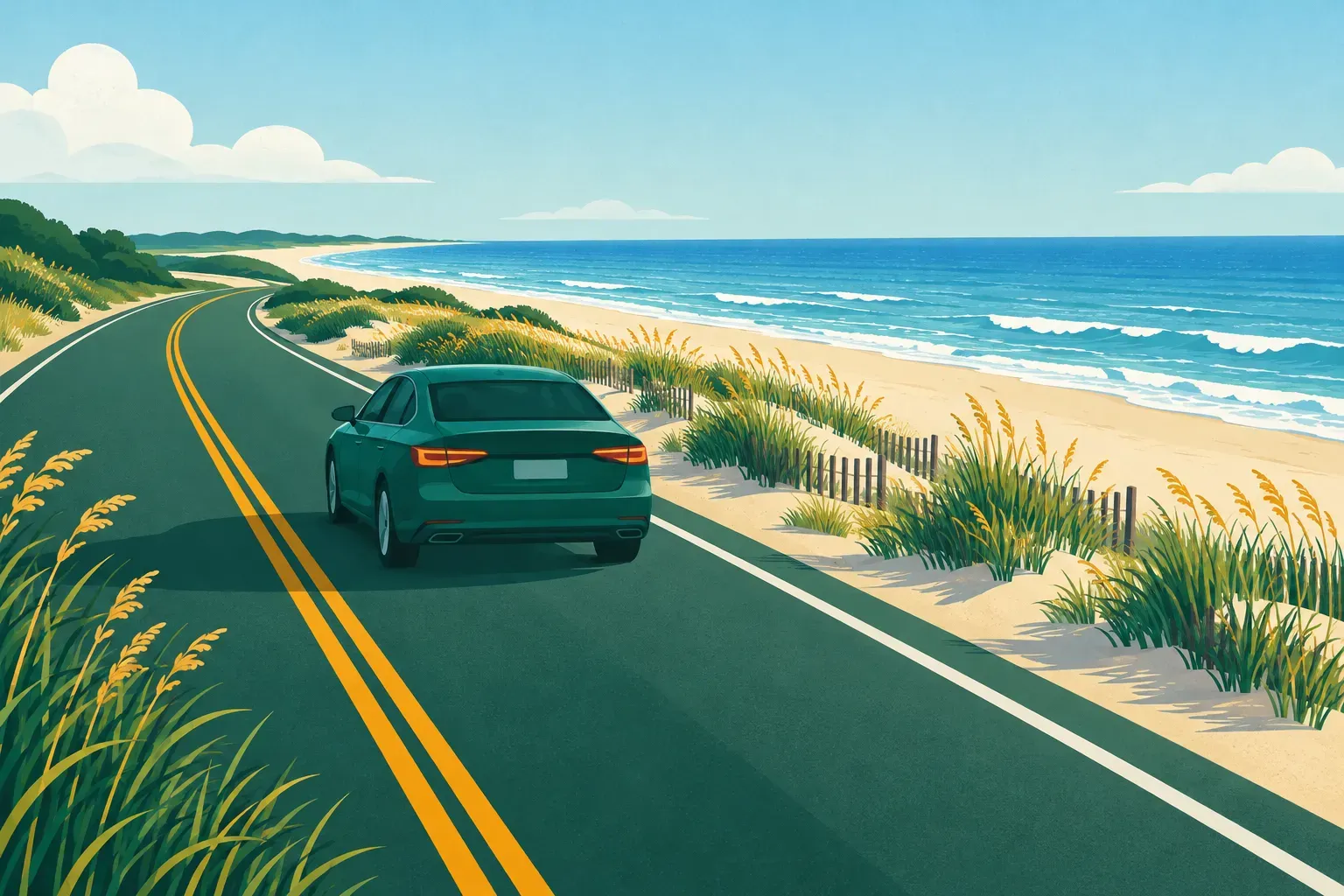 A coastal road beside beaches and dunes, a typical landscape of Delaware