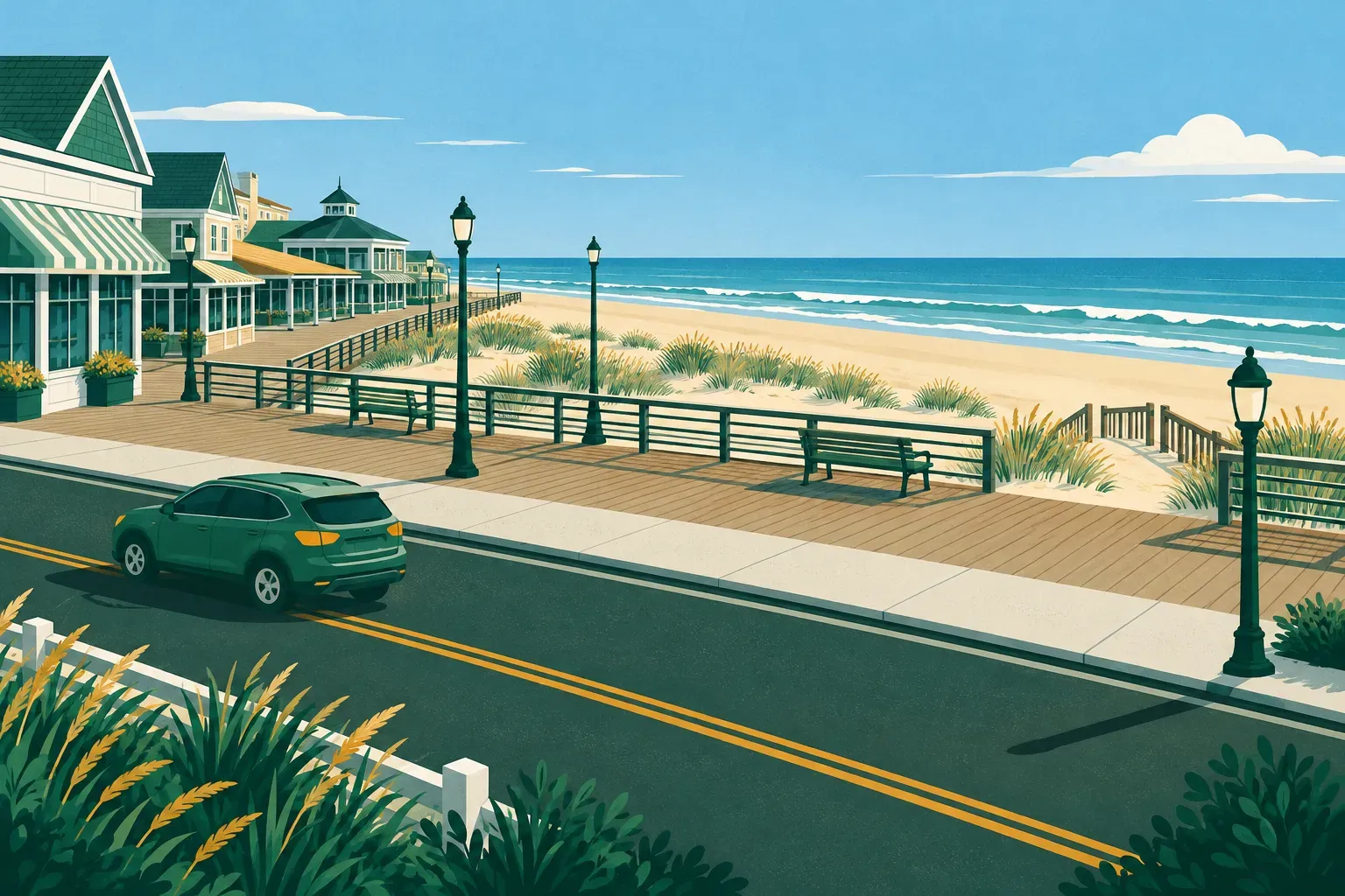A beach town boardwalk by the Atlantic with dunes and sea grass, in Delaware